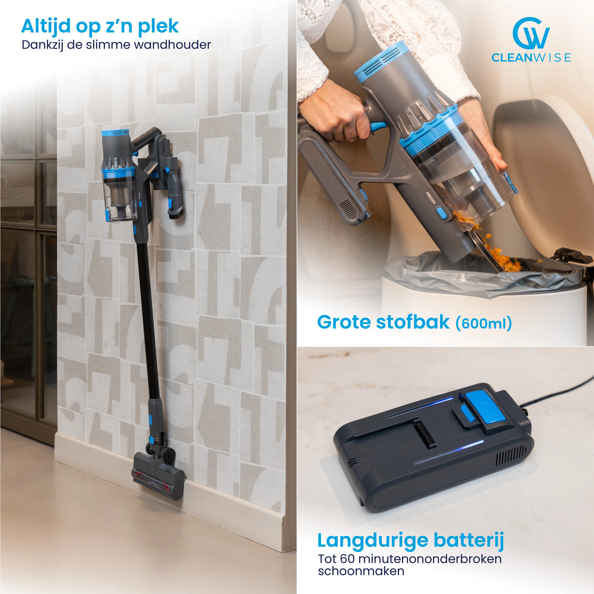 CleanWise Rita Steelstofzuiger - Krachtige Draadloze Steelstofzuiger