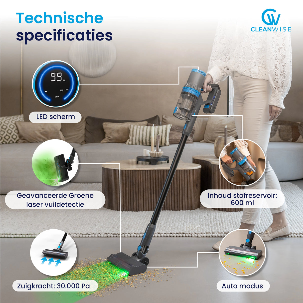 CleanWise Rita Steelstofzuiger - Krachtige Draadloze Steelstofzuiger