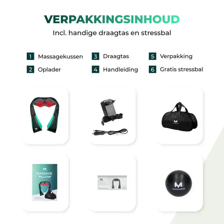Massagerr® Shiatsu Massagekussen 2.0 – Draadloos – Nekmassage Apparaat - Incl. Draagtas en Stressbal