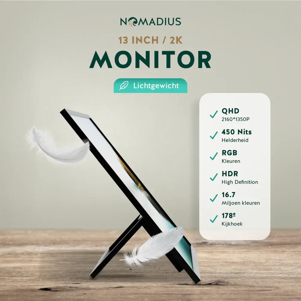 Nomadius® Portable Monitor + Sleeve - 13 Inch 2K - Ultra Lichtgewicht en Dun