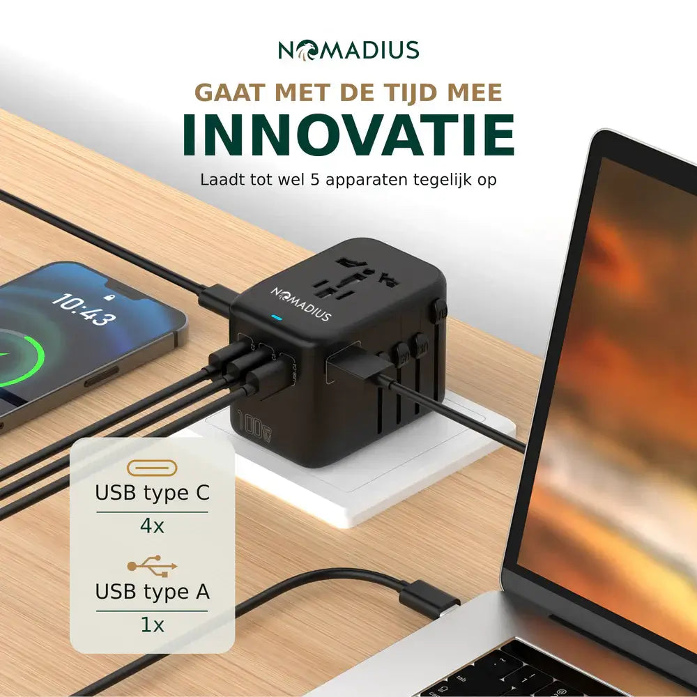 Nomadius® Wereldstekker PRO - Universele Reisstekker voor 180+ Landen